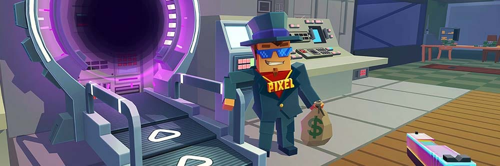 Promotional banner for Pixel Combat: Zombie Shooter featuring the Gabeman skin and DLC items