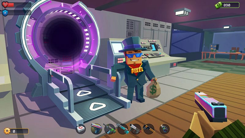 Gameplay scene from Pixel Combat: Zombie Shooter featuring weapon crafting and base fortifications