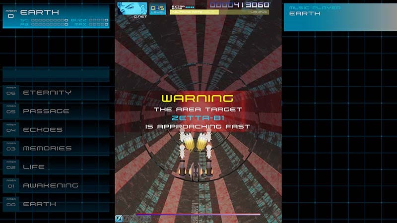 Gameplay scene showing bullet grazing combat in a vertical shoot 'em up arcade stage