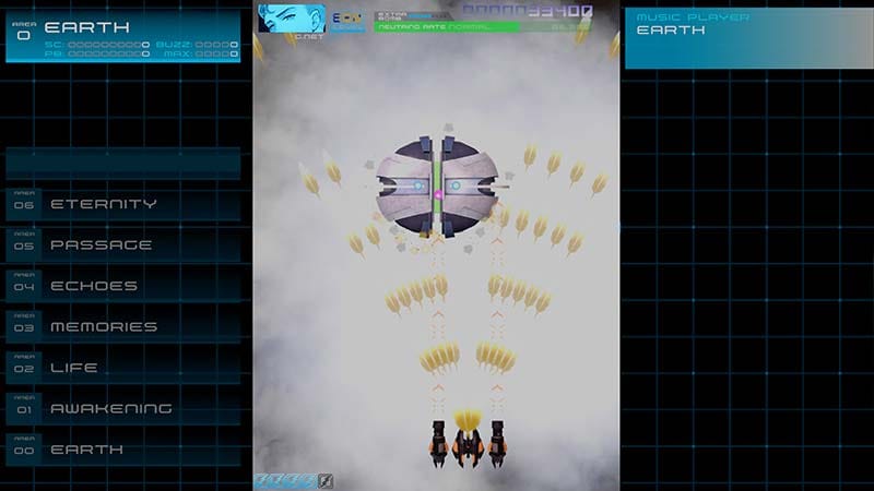 High-intensity sci-fi battlefield with dynamic difficulty bullet formations