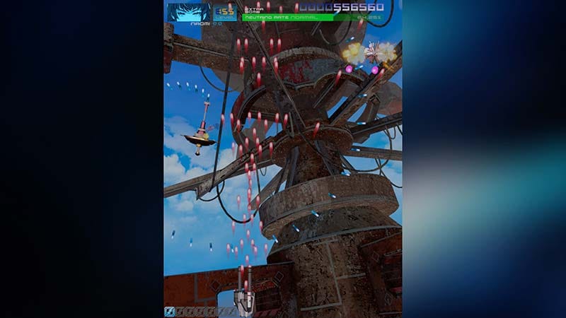 Combat environment with dense bullet hell patterns requiring precise movement and dodging