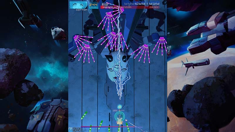 Character-specific gameplay showing unique bomb attack clearing bullet patterns