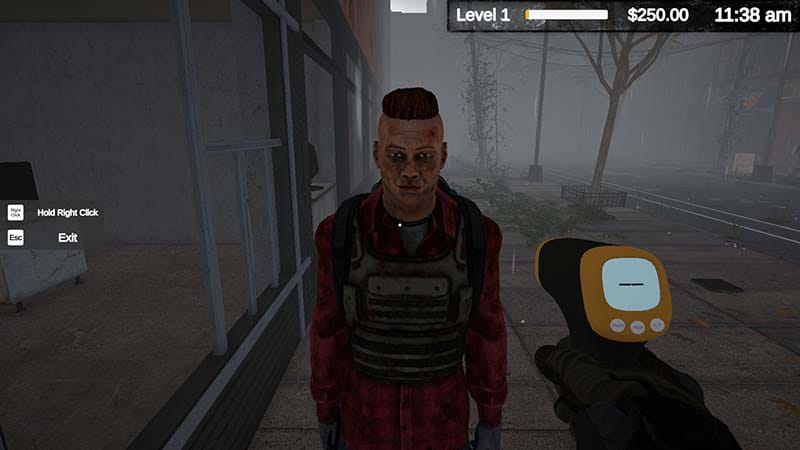 Gameplay scene showing a first-person market environment with store operations