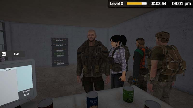 Post-apocalyptic gameplay scene showing market activities and survival elements