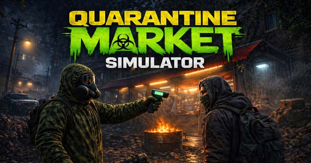 Promotional artwork for Quarantine Market Simulator showing a survival market setting