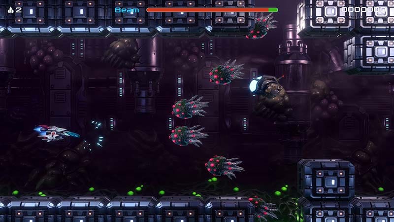 Local co-op gameplay with two ships coordinating attacks against enemy formations