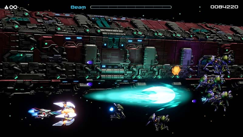 Action shooter sequence with R-90 dodging dense projectile patterns