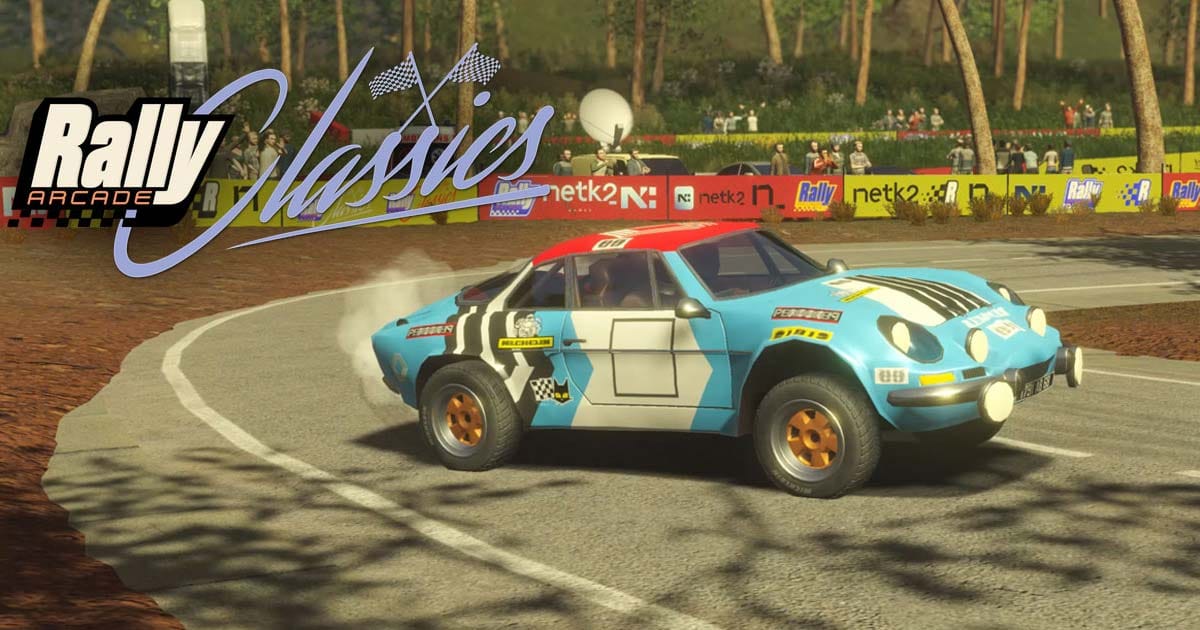 Promotional image showing multiple rally cars racing across a mixed terrain stage