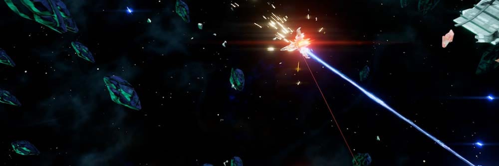Wide sci-fi scene showing spaceship traveling through unstable fractured timelines