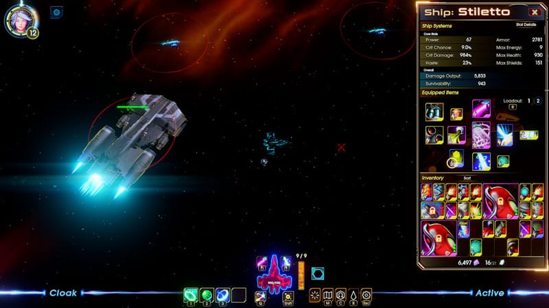 Gameplay scene showing top-down ship combat against enemy fleets in space