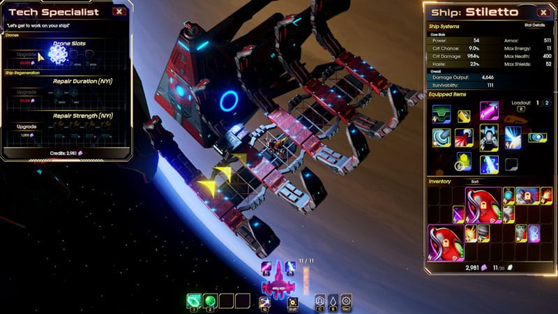 High intensity gameplay scene with upgraded ship abilities and visual effects