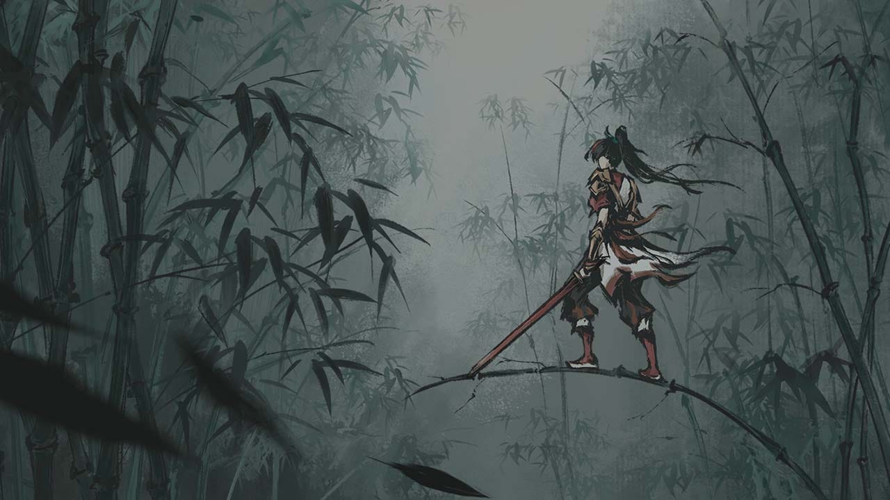 Ink-painted fantasy environment view showing an Eastern-inspired procedural game world