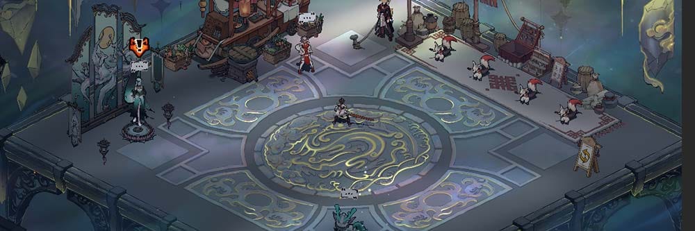 Wide cinematic view of an ink-wash fantasy battlefield with procedural roguelike combat systems