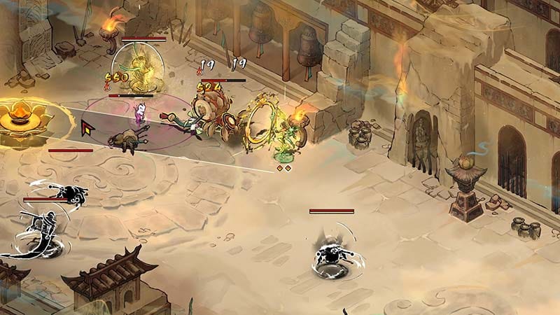 Combat gameplay scene showing martial arts sword attacks in an isometric roguelike environment