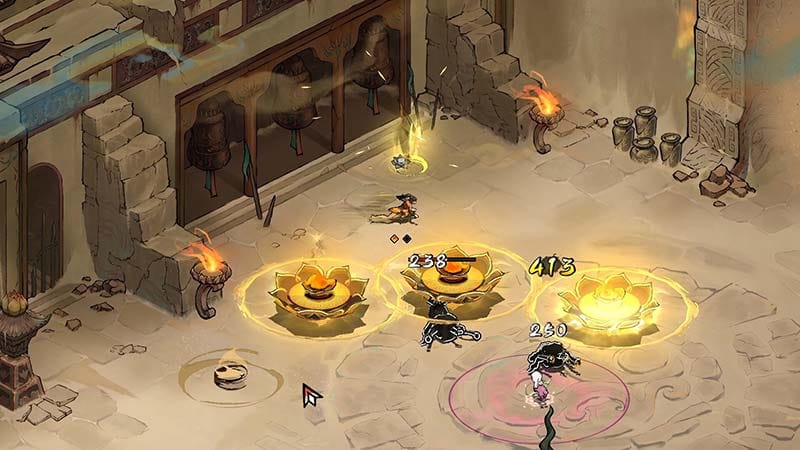 Enemy encounter scene featuring mythological creatures in a procedurally generated combat arena