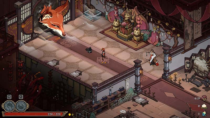 Boss battle environment showing a guardian fight inside a stylized ink-wash biome