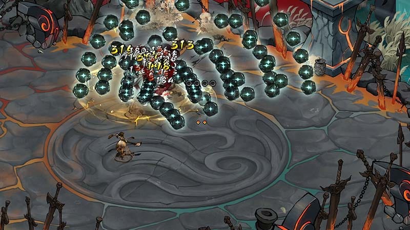 Isometric action scene showing dodge timing and enemy attack telegraphs in close combat