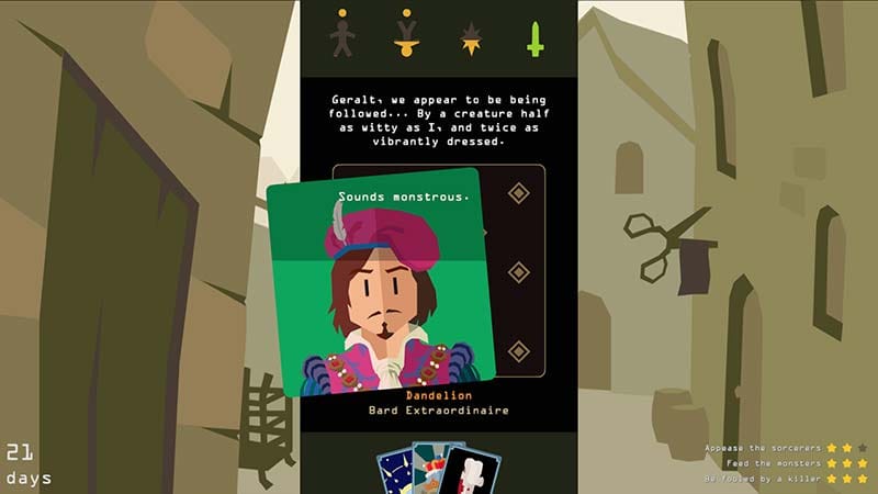 Fantasy adventure gameplay from Reigns: The Witcher by Nerial and Devolver Digital