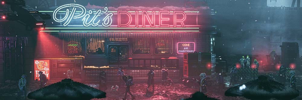 Cinematic cyberpunk city banner representing REPLACED gameplay