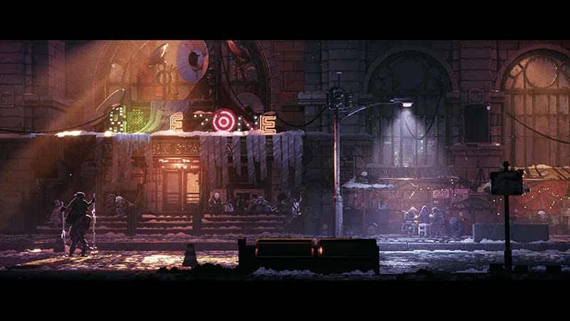 Side-scrolling gameplay scene exploring a ruined cyberpunk city district