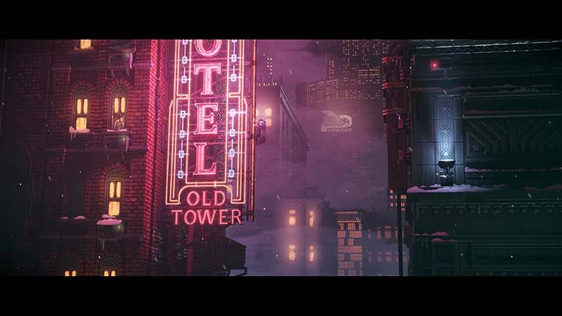 Atmospheric pixel art city alley with cyberpunk lighting effects