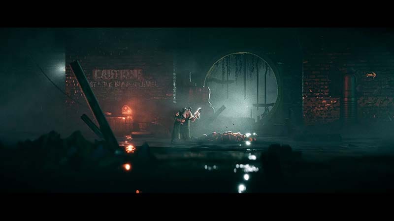 Character moving through an abandoned industrial corridor