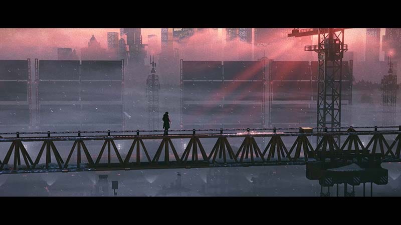 Exploring a dystopian city environment with layered pixel art backgrounds