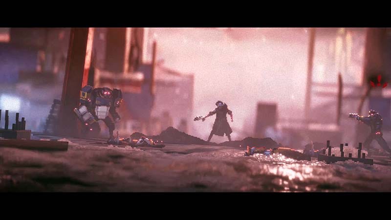 Moody neon cityscape environment from REPLACED gameplay