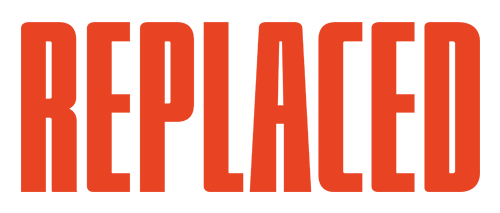 REPLACED game title logo in stylized retro cyberpunk lettering