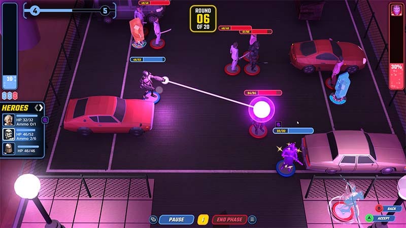 Turn-based gameplay scene with squad units positioned on a tactical battlefield