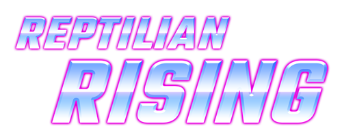 Reptilian Rising logo with bold retro-style lettering and tabletop-inspired design