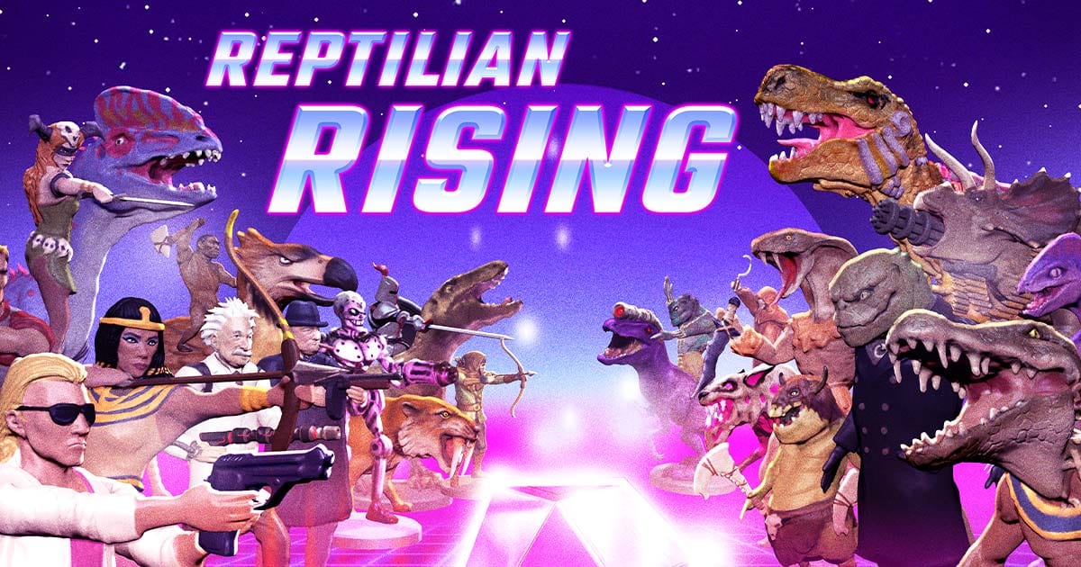 Promotional art showing historical heroes facing reptilian enemies across time