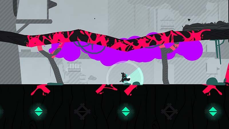 Gameplay scene with destructible elements and movement across platforms