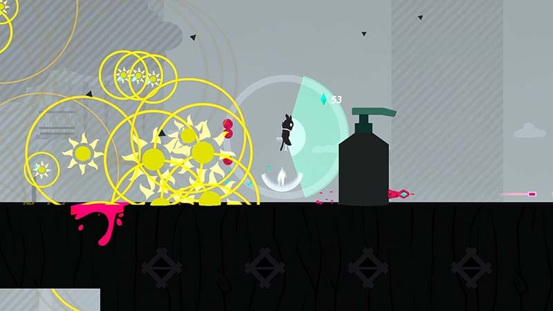 Wide gameplay scene with multiple enemies and projectile patterns