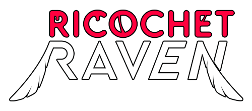 Ricochet Raven logo with sharp stylized lettering and minimalistic action-focused design