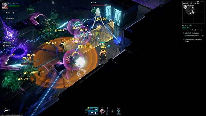 Gameplay scene showing Weavers fighting Mythic threats in a dangerous area