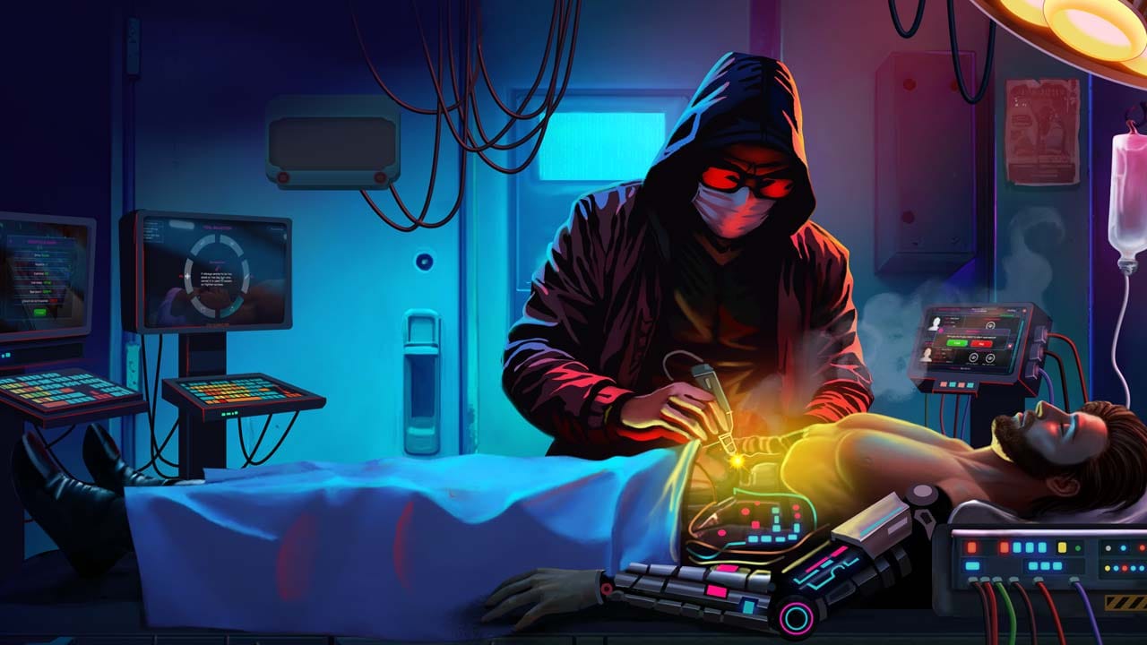 Ripperdoc Simulator key art cyberpunk clinic and underground surgery setting