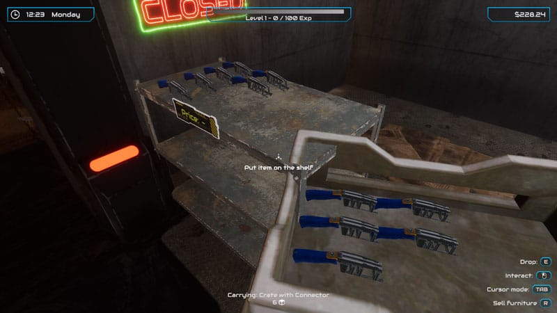 Managing electronics shop front in Ripperdoc Simulator management sim