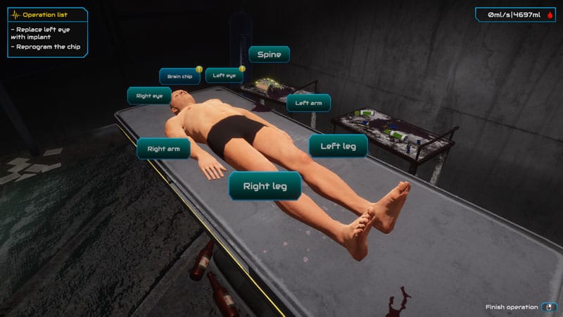 Illegal implant procedure body horror scene in Ripperdoc Simulator PC game