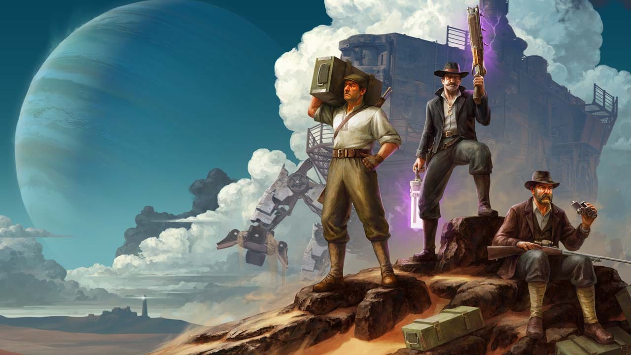 Desert industrial landscape with massive walking Trampler machines moving across open terrain