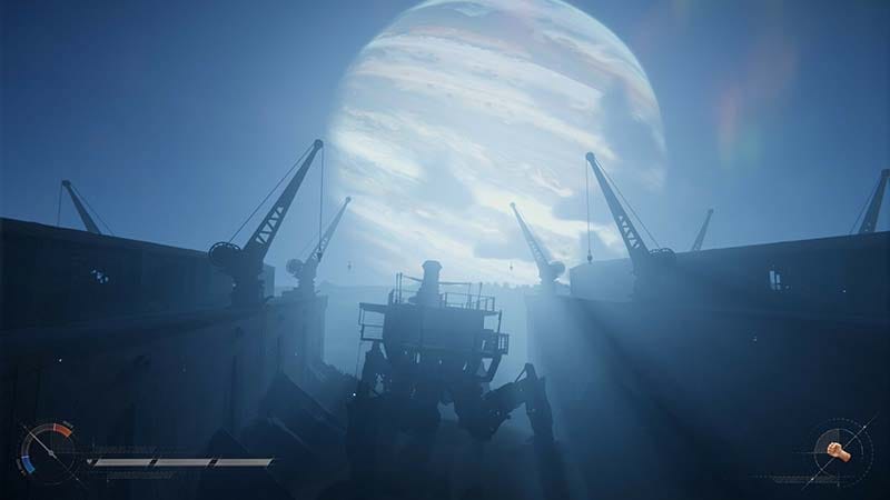 Exploration gameplay showing a Trampler approaching ruined industrial structures during a raid