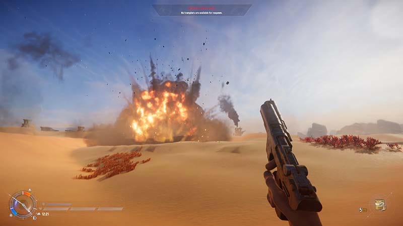 Voyage Mode gameplay showing low-risk traversal across open terrain with resource gathering
