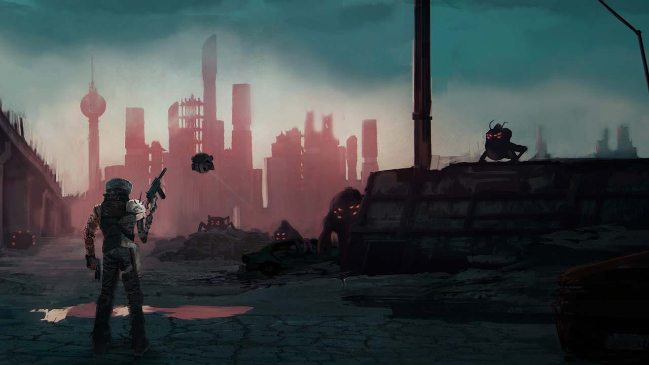 Post-apocalyptic wasteland filled with industrial ruins and hostile creatures