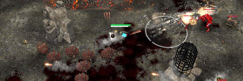 Wide dystopian battlefield scene with cybernetic enemies and industrial destruction
