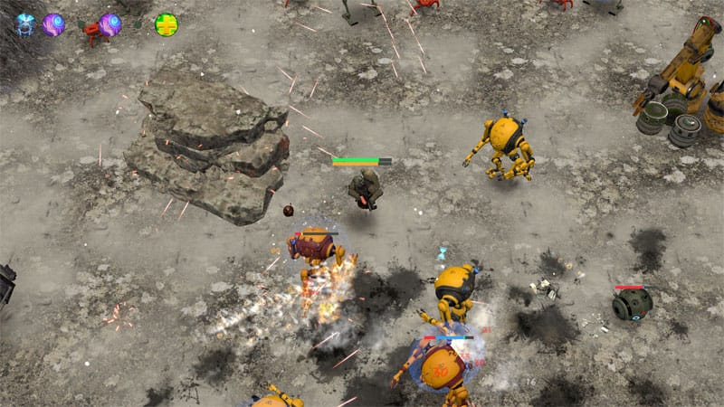 Early gameplay scene showing procedural combat and enemy wave encounters