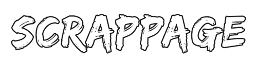 Scrappage logo with distressed industrial lettering and cybernetic design elements