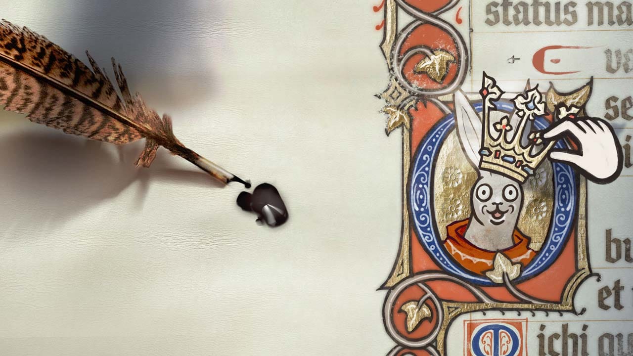 Medieval manuscript workshop filled with parchment pages, pigments, and decorative artwork
