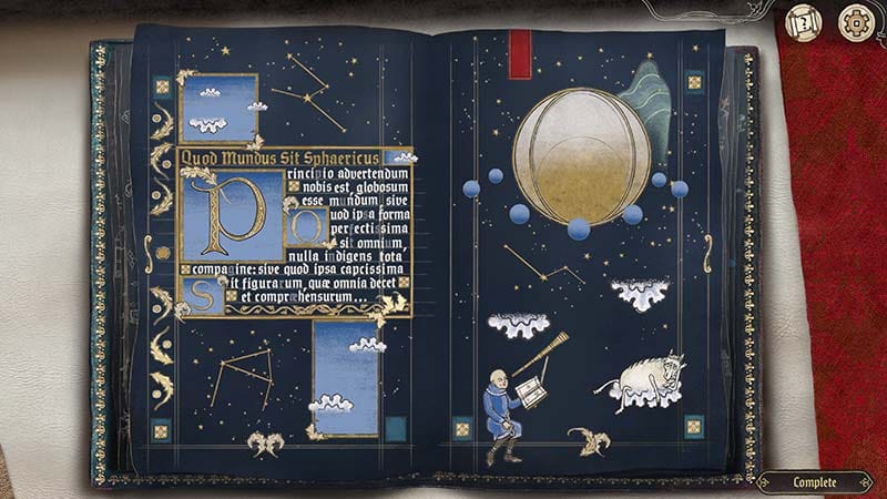 Gameplay scene showing manuscript illustration tools and decorative medieval artwork