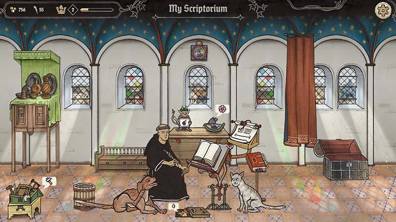 Creative sandbox screen with illuminated borders, creatures, and manuscript designs