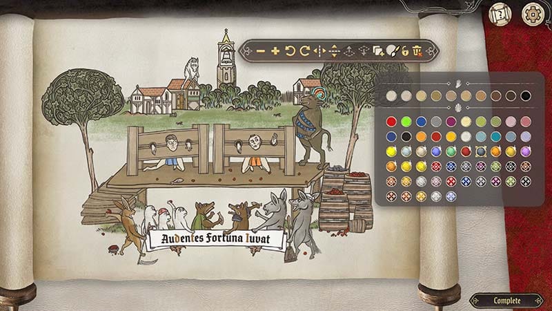 Asset selection interface displaying medieval symbols, borders, and ornate lettering